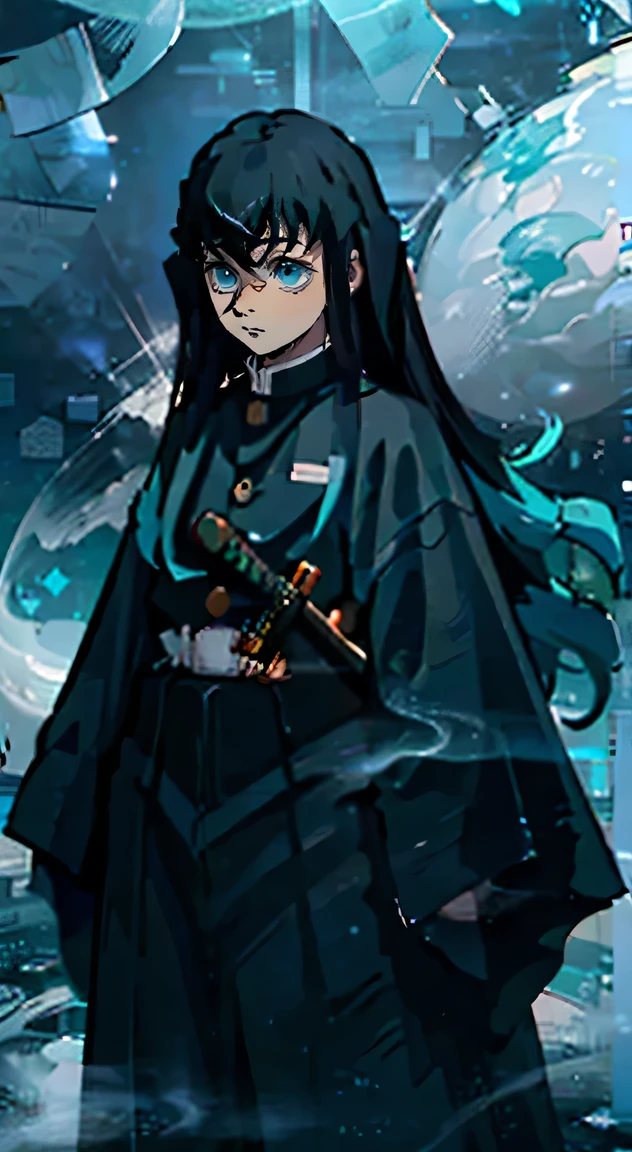 close, human, Black Hair, Ghost, dark, Gothic, ..................3D, Super detailed, Blue transparent smoke around, Realistic Style, Old Knight Pond, Full Body, Man in a black robe, Tying up hair、Sword in hand.Kasumi、Fog in the background、Background Haze