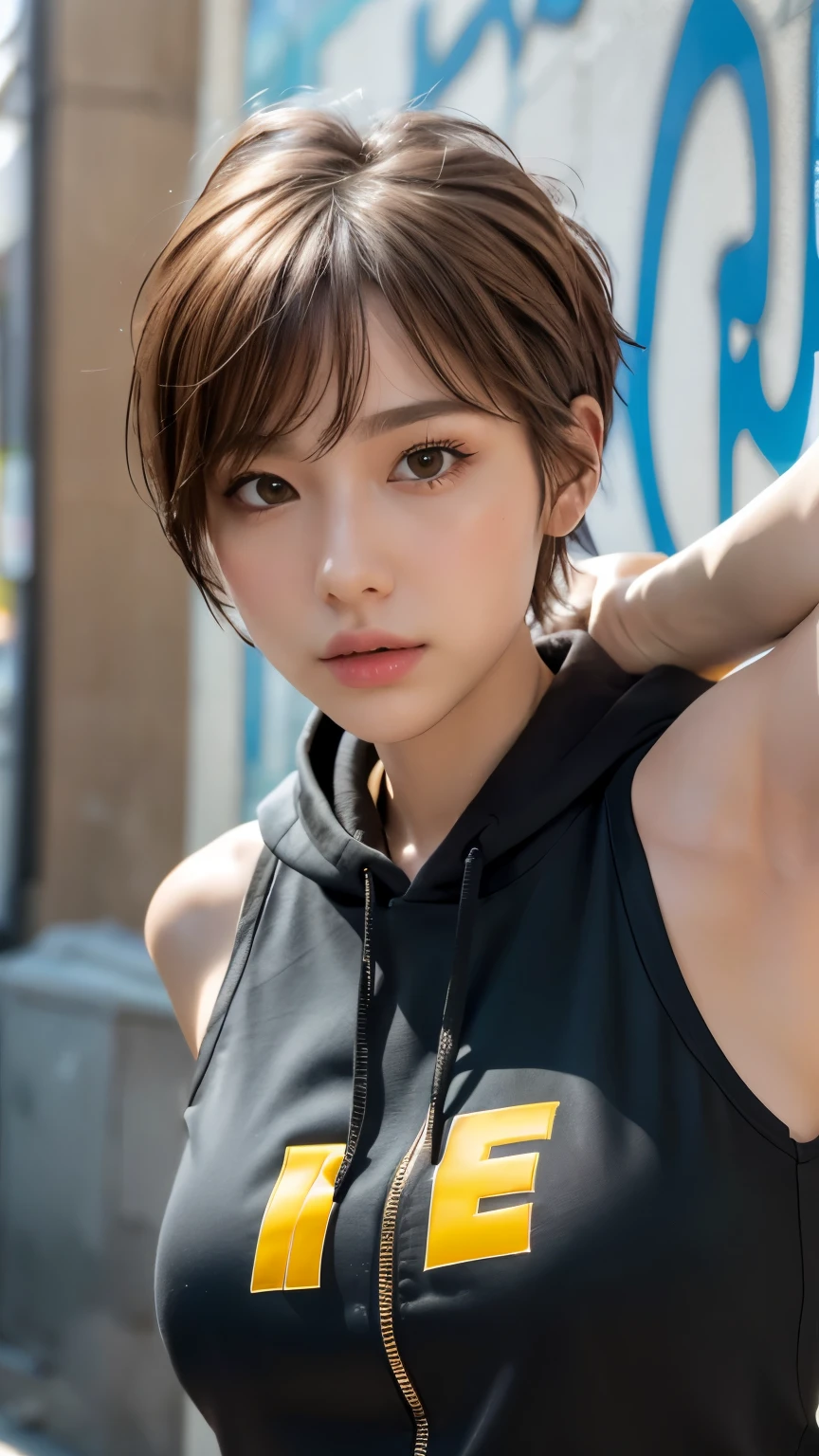 masterpiece, highest quality, Very detailed, 8k, Realistic, One Girl, alone, Tomboy, Very detailed face, (head shot:1.5), Upper Body, Standing in front of a wall covered in hip hop graffiti, Light brown pixie cut hair, He is wearing a short black tank top and an open-zipped yellow hoodie.。., Reaching into the pocket of a hoodie