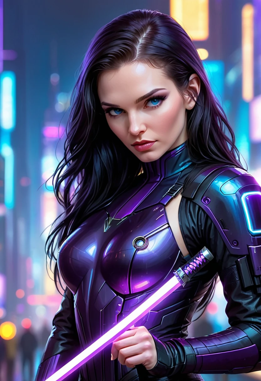 Beautiful woman, antihero in black and purple uniform, Katana laser sword in hand, White skin, long black hair, portrait, Jeff Bridges, ((cartoon style)), The style of the Marvel Cinematic Universe, (((Cyberpunk city in the background))), Soft bokeh of a futuristic city, Atey Gaylan, Jeremy Mann, Greg Munchess, Antonio Moro, trending on Artstation, trend at CGSociety, difficult, High detail,  sharp focus, dramatic and photorealistic painting by Midjorney and Greg Rutkowski., bokeh in the background