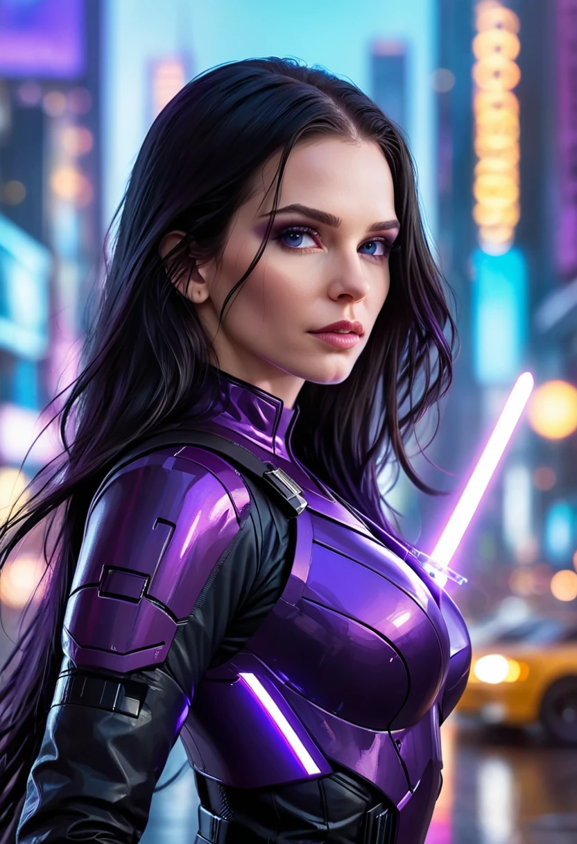 Beautiful woman, antihero in black and purple uniform, Katana laser sword in hand, White skin, long black hair, portrait, Jeff Bridges, ((cartoon style)), The style of the Marvel Cinematic Universe, (((Cyberpunk city in the background))), Soft bokeh of a futuristic city, Atey Gaylan, Jeremy Mann, Greg Munchess, Antonio Moro, trending on Artstation, trend at CGSociety, difficult, High detail,  sharp focus, dramatic and photorealistic painting by Midjorney and Greg Rutkowski., bokeh in the background