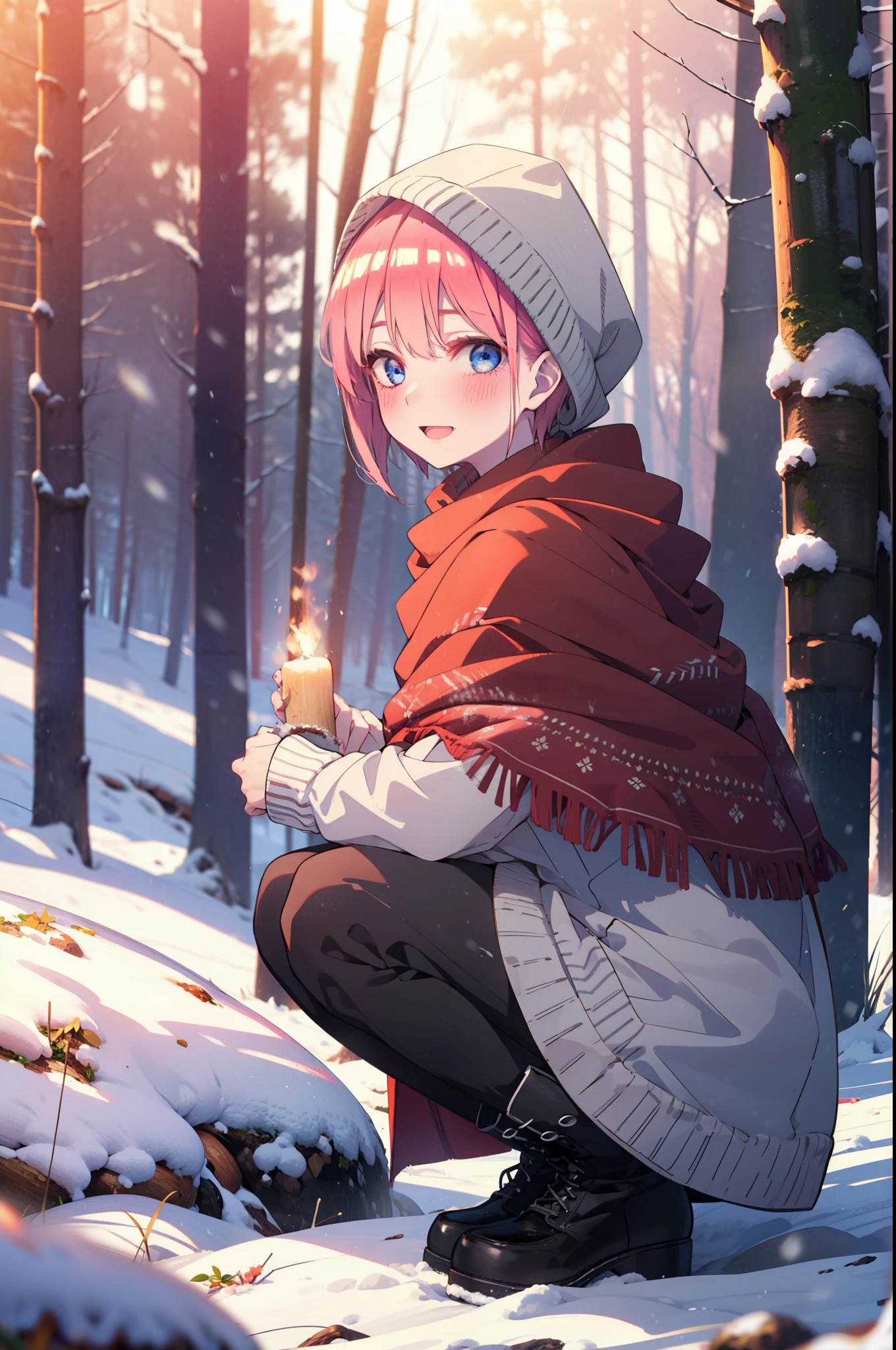 ichikanakano, ichika nakano, short hair, bangs, blue eyes, Hair between the eyes, smile,Pink Hair,smile,blush,White Breath,
Open your mouth,snow,Ground bonfire, Outdoor, boots, snowing, From the side, wood, suitcase, Cape, Blurred, Increase your meals, forest, White handbag, nature,  Squat, Mouth closed, フードed Cape, winter, Written boundary depth, Black shoes, red Cape break looking at viewer, Upper Body, whole body, break Outdoor, forest, nature, break (masterpiece:1.2), highest quality, High resolution, unity 8k wallpaper, (shape:0.8), (Beautiful and beautiful eyes:1.6), Highly detailed face, Perfect lighting, Highly detailed CG, (Perfect hands, Perfect Anatomy),
