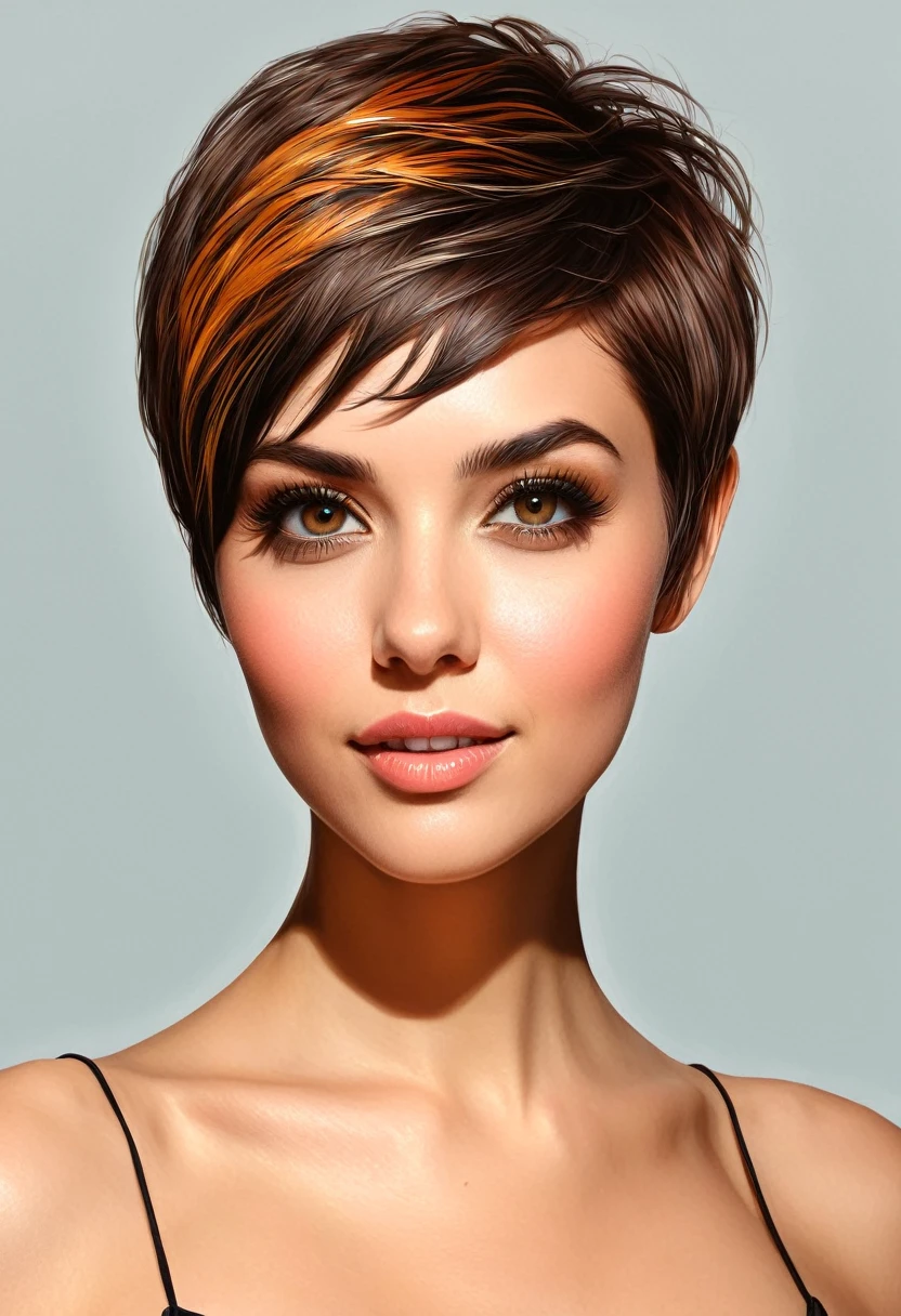 crea una mujer de pelo corto pixie,, obra maestra, estilo ilustracion de Ali Erturk, alto detalle, hiperrealista, luz natural,ilustracion , colores llamativos