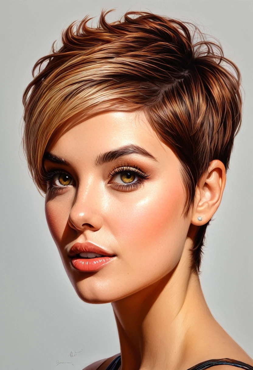 crea una mujer de pelo corto pixie,, obra maestra, estilo ilustracion de Ali Erturk, alto detalle, hiperrealista, luz natural,ilustracion , colores llamativos
