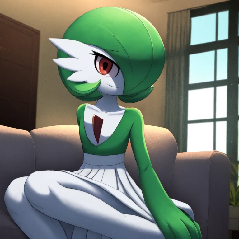 best quality, Gardevoir, pokemon, 1girl, solo, short height, red eyes, green hair, small smile, small mouth, wink, slim, cute, slender body, skinny legs, looking at viewer, blurry background, indoors, in house, full body, slim, ((masterpiece)), best quality, 4k, cinematic lighting, ray tracing, reflected light, panorama, flat chest, high detailed illustration, high detailed background, hi-res, white gardevoir dress, green top, bare legs, bare feet, small feet, sitting on couch, legs together