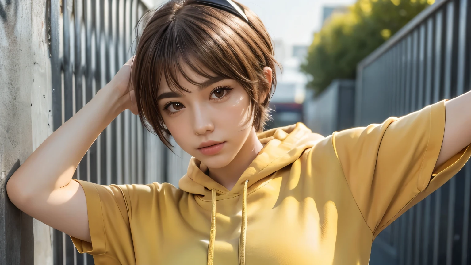 masterpiece, highest quality, Very detailed, 8k, Realistic, One Girl, alone, Tomboy, Very detailed face, (head shot:1.5), Upper Body, Standing in front of a wall covered in hip hop graffiti, Light brown pixie cut hair, He is wearing a short black tank top and an open-zipped yellow hoodie.。., Reaching into the pocket of a hoodie