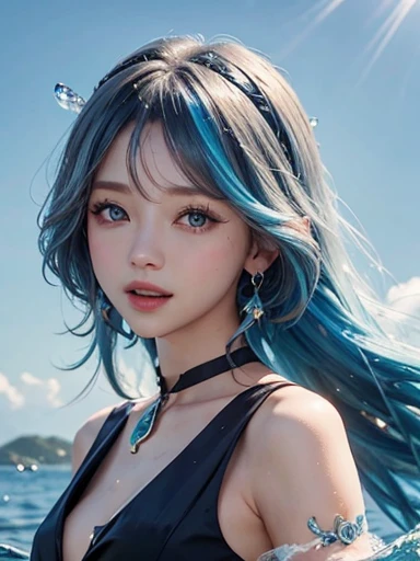 1girl、Under the water,solo、looking at the audience、Smile、medium long hair、open mouth、Bangs、blue eyes、bare shoulders、jewelry、Upper body、blue hair、earrings、O cabelo multicolorido、collar、virtual_youtuber、Vest、water、Off the shoulders、black dress、striped hair、tattoo、Floating hair、Headband、Beautiful detailed sky、Beautiful water、泼water、Water droplets all over the body、There are many water droplets in the air、Sunlight、Ray tracing、masterpiece、facing the camera