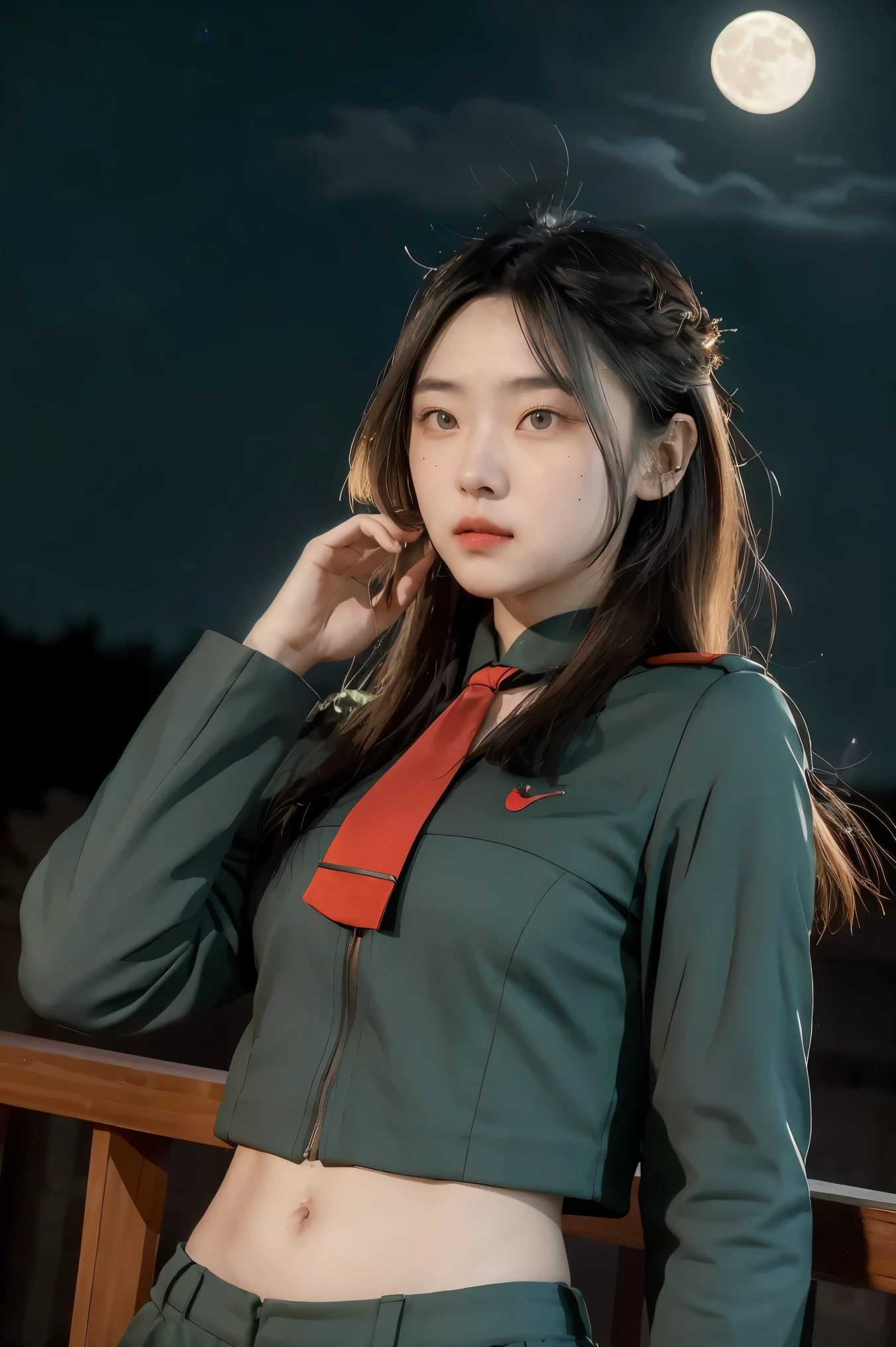 masterpiece, best quality, miorine rembran, defmiorine, long hair, green jacket, red necktie, green shorts, upper body, portrait, looking at viewer, dynamic pose, sky, night sky, moon