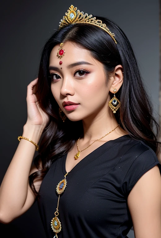 Wanita dada besar, tersenyum, ke arah penonton, baju warna putih tembus pandang, rambut hitam terurai, kalung, anting-anting, jam tangan wanita, gambar 32K, resolusi tinggi, real skin texture,