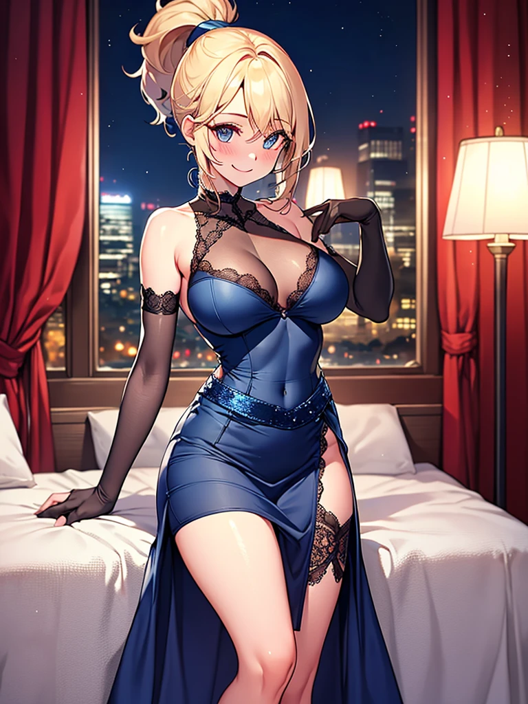 (highest quality, High resolution, perfect pixel, Depth of bounds written, 4K), full body, hotel room, detailed eyes, (1 lady), tall, (skinny body:1.2) , (thin thighs:1.2), large breasts, (side boob), blond hair, (ponytail:1.2), (midnight blue party dress:1.2), (long maxi-skirt:1.2), (sleeveless), bare back, (asymmetrical skirt), elbow gloves, (lace legwear), (standing), (light smile), blush,