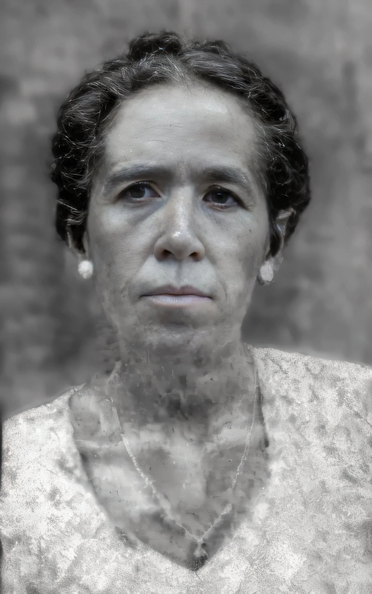 a black and white foto de una mujer with a necklace, georgia anne muldrow, foto granulada de una mujer fea, retrato de lumastina celeraria, damaged grainy photo, very imagen granulada, imagen granulada, foto granulada en blanco y negro, foto de una mujer, low quality grainy photography, abuela