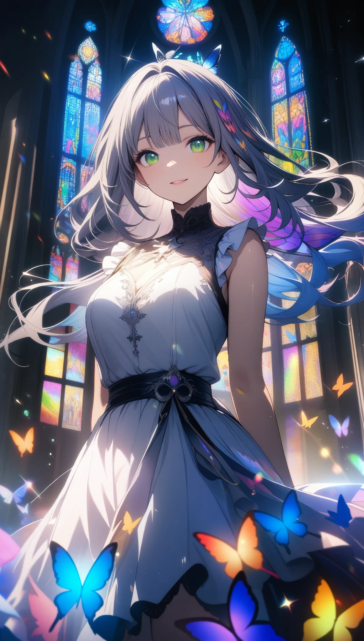 32k, best quality, ultra high res, HDR, UHD, extremely detailed CG, unity 32k wallpaper, One girl, masterpiece, Very detailed, ((Cinema Lighting)), (Shine), ((Dramatic lighting)), ((Beautiful sparkle)), Intricate details, Lens flare, Multicolored Hair, Rainbow Hair, Long Hair, colorfulなドレス, butterflyの髪飾り, butterfly, (Particles of light), Put your arms behind your back, Large Breasts, [Curvy], Cowboy Shot, A light smile, Green Eyes, church, Stained glass, Spotlight, Dark Background, Floating Hair, Floating Hair, View your viewers,((colorful)),