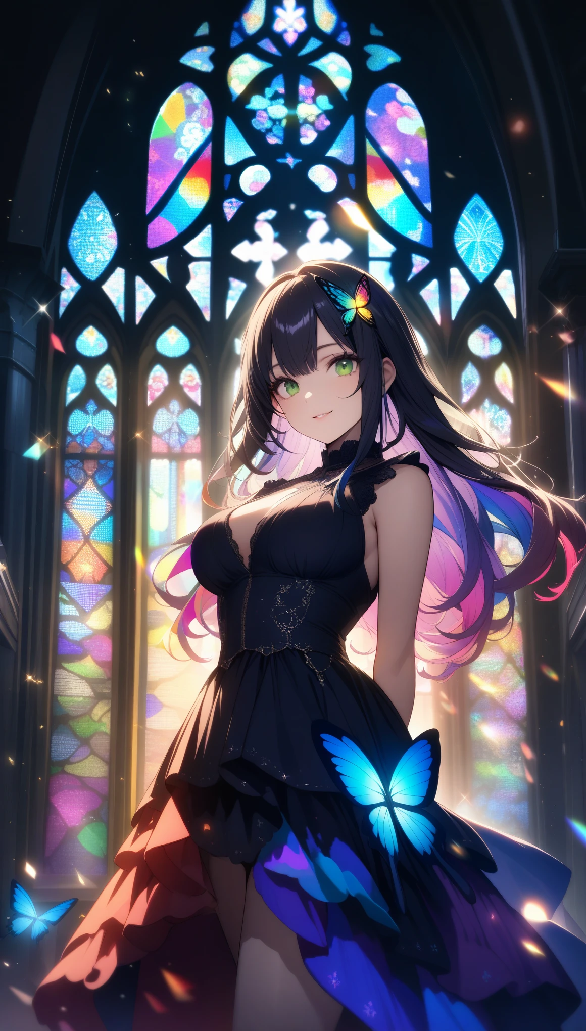 32k, best quality, ultra high res, HDR, UHD, extremely detailed CG, unity 32k wallpaper, One girl, masterpiece, Very detailed, ((Cinema Lighting)), (Shine), ((Dramatic lighting)), ((Beautiful sparkle)), Intricate details, Lens flare, Multicolored Hair, Rainbow Hair, Long Hair, colorfulなドレス, butterflyの髪飾り, butterfly, (Particles of light), Put your arms behind your back, Large Breasts, [Curvy], Cowboy Shot, A light smile, Green Eyes, church, Stained glass, Spotlight, Dark Background, Floating Hair, Floating Hair, View your viewers,((colorful)),