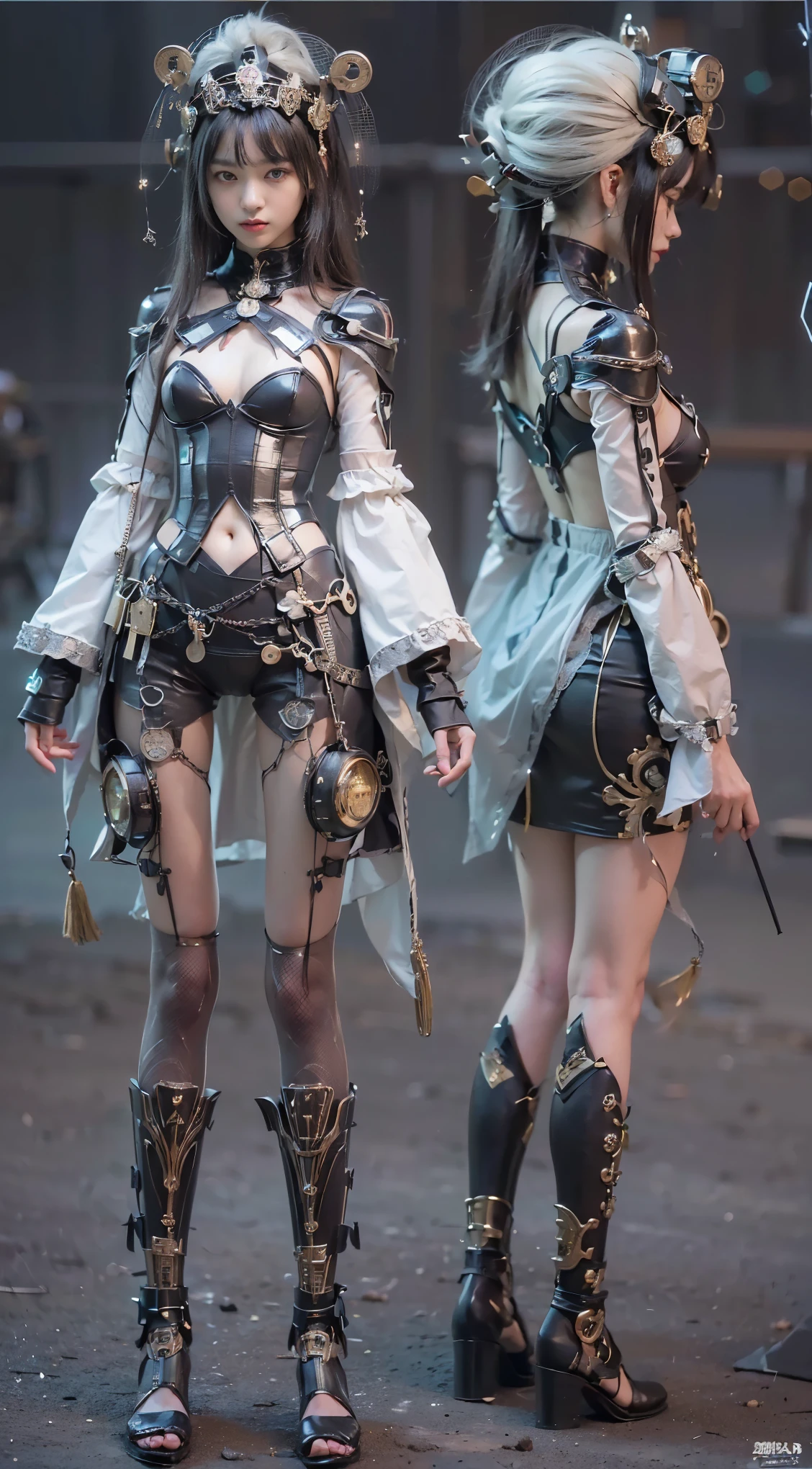 (((masterpiece, highest quality, Very detailed))), (((終わりのないmagic使いの少女, 14 years old, radiating magic))), (((Complex mechanical headgear, A fusion of the intricate mechanical nature of steampunk fashion, the over-the-top gothic fashion and the neon glow of cyberpunk fashion.))), Bust up photo, ((((Very detailedな顔))), (((Very sharp focused eyes))), Very large slitted dark grey eyes that sparkle like jewels. Very long eyelashes, Long vertically curled black hair, Thick bangs, Perfect princess cut, Very gorgeous tiara, (((Perfectly accurate human ???????))), Long neck, Narrow shoulders, thin and long arms, Small breasts, Very small waist, Very small ass, Long, slender legs, (((Overall accuracy has been dramatically improved, creating Very detailed, Realistic and photo-realistic images)))), (((magic, magic spell light, magic weapon))), Dynamic pose, Cinema Lighting