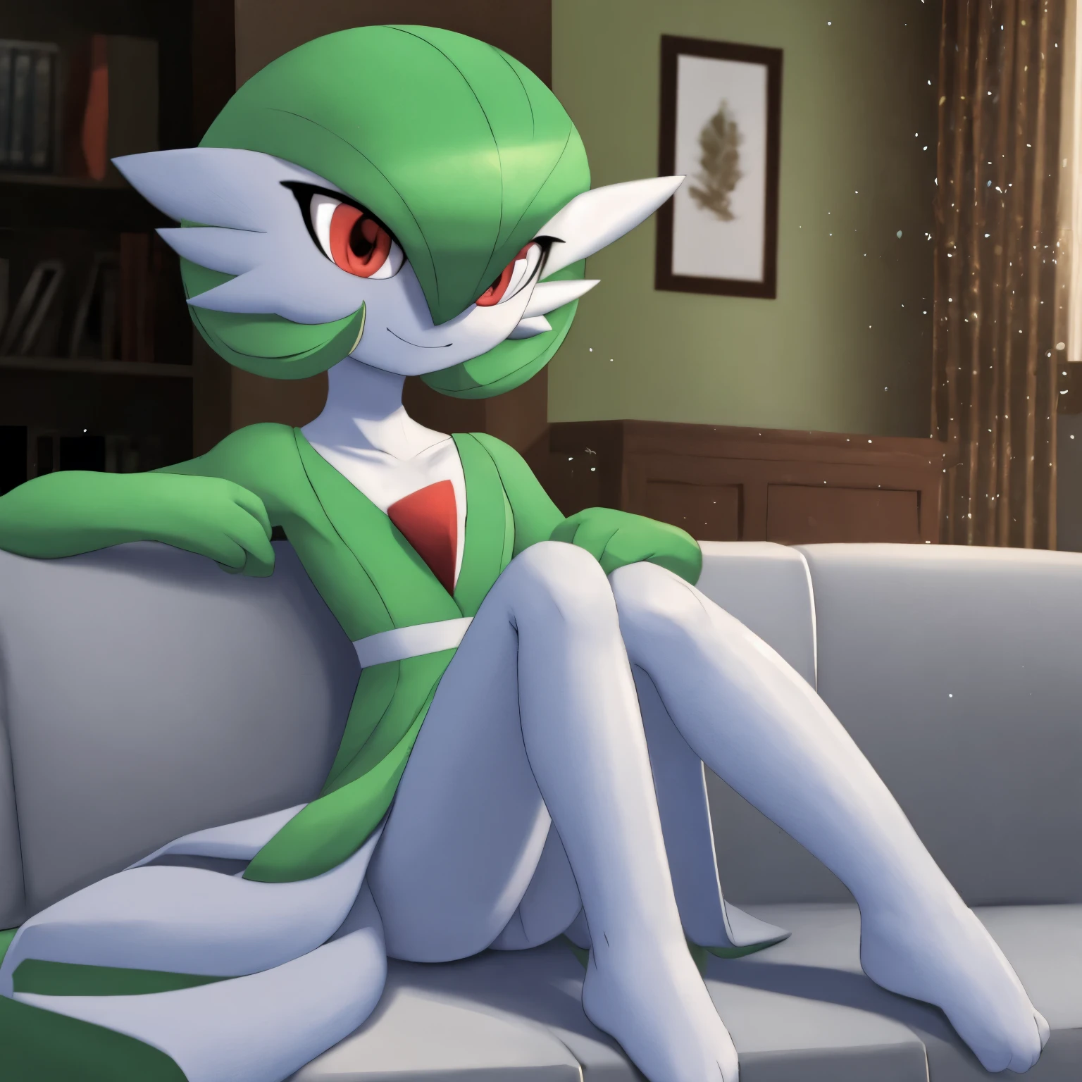 best quality, Gardevoir, pokemon, 1girl, solo, short height, red eyes, green hair, small smile, small mouth, wink, slim, cute, slender body, skinny legs, looking at viewer, blurry background, indoors, in house, full body, slim, ((masterpiece)), best quality, 4k, cinematic lighting, ray tracing, reflected light, panorama, flat chest, high detailed illustration, high detailed background, hi-res, white gardevoir dress, green top, bare legs, bare feet, small feet, sitting on couch, legs together