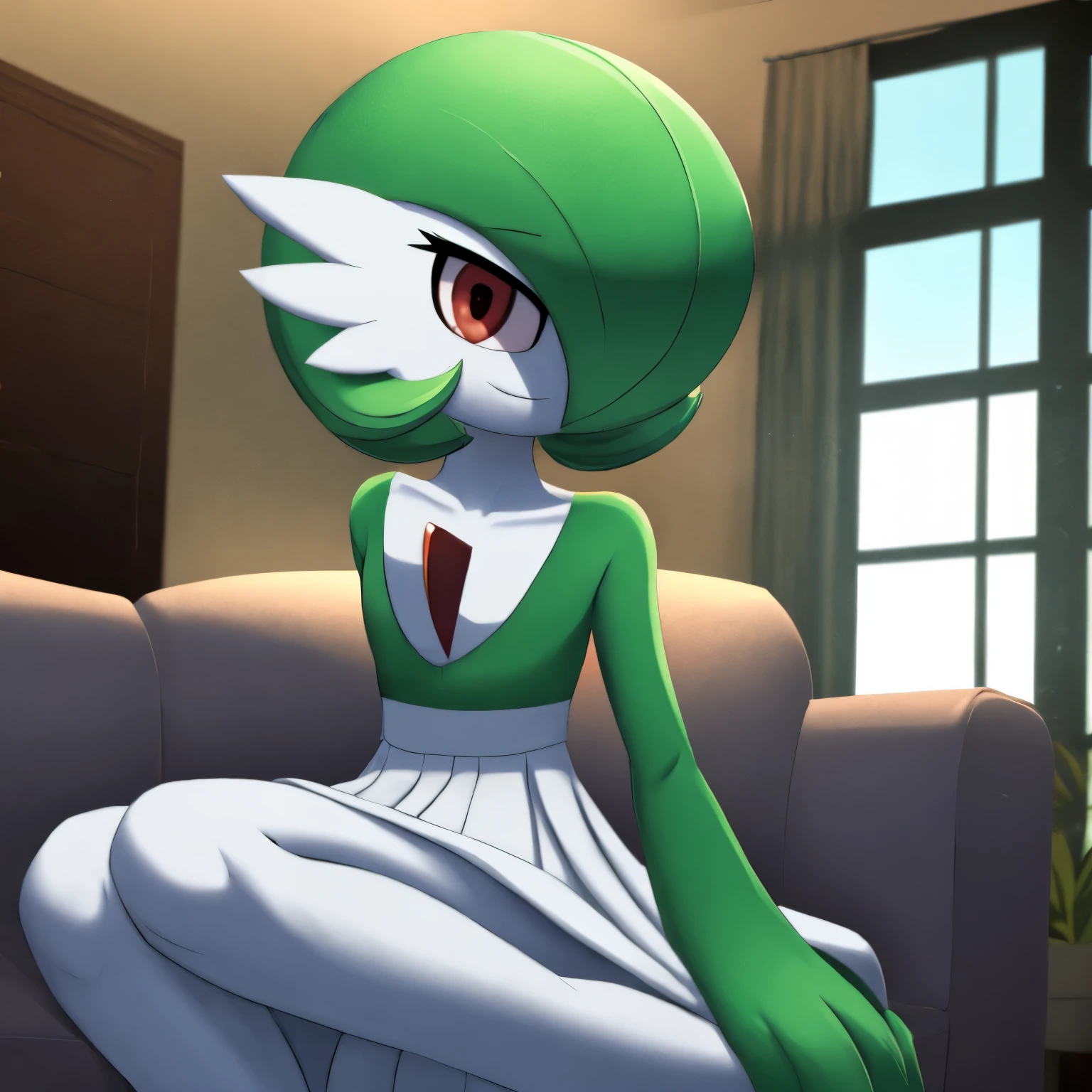 best quality, Gardevoir, pokemon, 1girl, solo, short height, red eyes, green hair, small smile, small mouth, wink, slim, cute, slender body, skinny legs, looking at viewer, blurry background, indoors, in house, full body, slim, ((masterpiece)), best quality, 4k, cinematic lighting, ray tracing, reflected light, panorama, flat chest, high detailed illustration, high detailed background, hi-res, white gardevoir dress, green top, bare legs, bare feet, small feet, sitting on couch, legs together