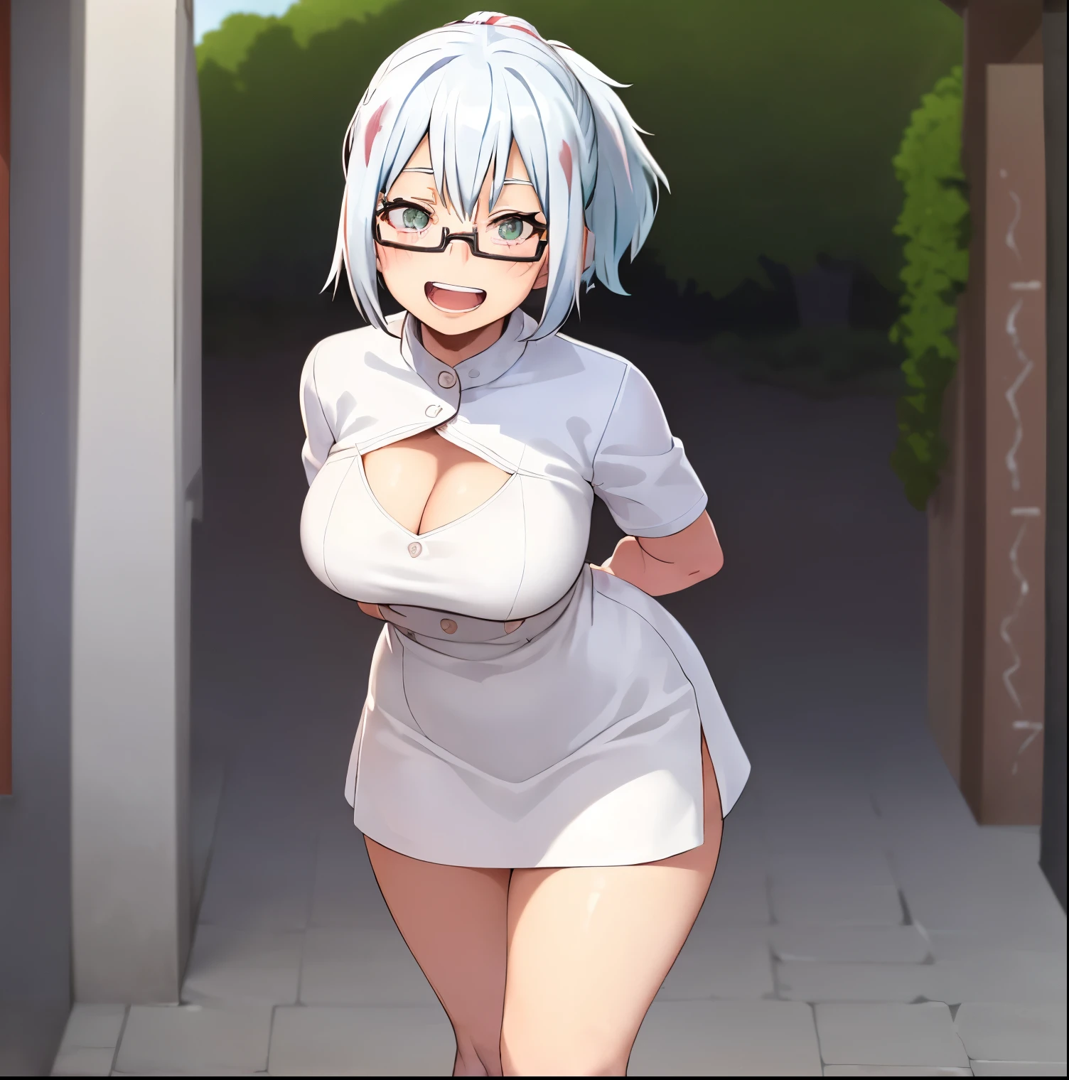 1 girl, alone, fuyumi todoroki, big breasts, medium waist, wide hips, medium thighs, blush, smile, short hair, open mouth, bangs, standing, turquoise eyes, ponytail, white hair, hair with red highlights, multicolored hair, glasses, tight white shirt, open, short sleeves, cleavage, tight black skirt, outside, street, walking, good lighting, leaning forward, upper teeth only, arms behind back, facing viewer, rimless glasses , lens flare, looking at the viewer, (POV: from above) looking at her ass), ass, perfect hands, perfect anatomy