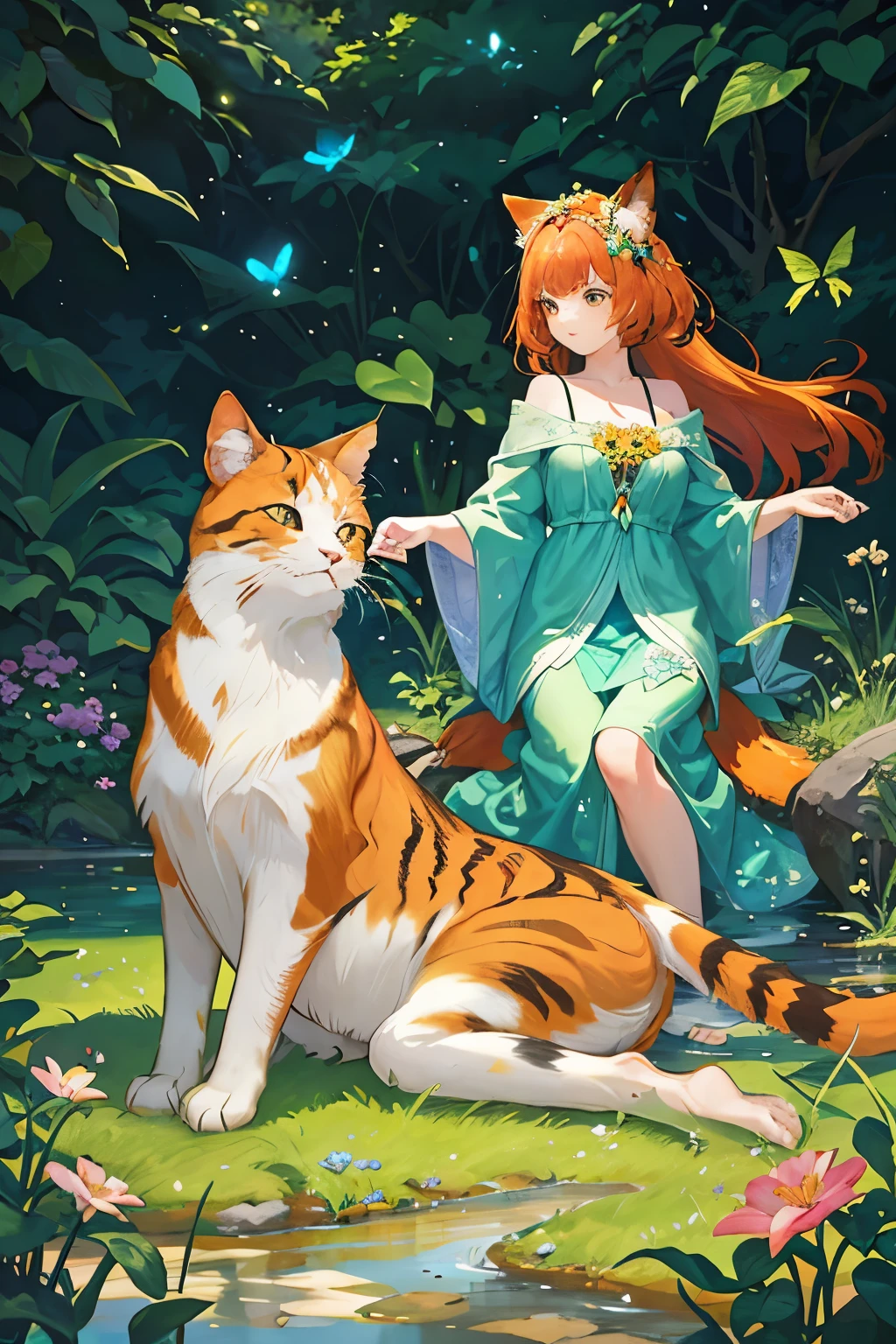 A beautiful calico cat with vivid orange and black fur, casually lounging on the lush, green grassland. Surrounding the cat are two colorful butterflies, their wings adorned with intricate patterns of red, blue, and yellow, dancing gracefully in the afternoon sunlight. Above them, a clear blue sky is speckled with fluffy white clouds, casting gentle shadows over the scene. In the background, a sparkling stream gently curves through the flower-filled meadow, reflecting the vibrant colors of the surroundings. The art style should evoke a natural and serene atmosphere with soft, advanced rendering and clean lines. 16:9 aspect ratio.