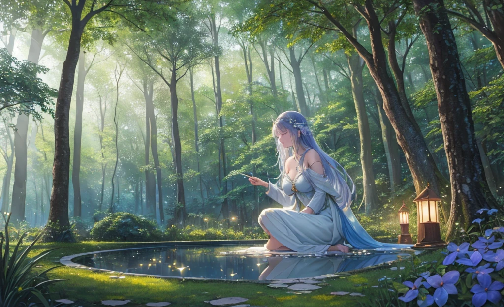 (mystical, enchanting, serene), a serene forest glade bathed in the soft glow of twilight, fireflies dancing in the air, ancient ruins half-hidden among the trees, a sense of magic and tranquility pervading the scene, Artwork, watercolor painting on textured paper, conveying the ethereal beauty of the enchanted forest, --ar 16:9 --v 5