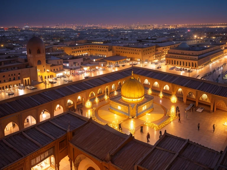 4k resolution picture, ultra realistic picture, Marrakech city, a huge mosque with dome on top, night time, entire market area in top views, shops everywhere, Moroccan architectures, top views