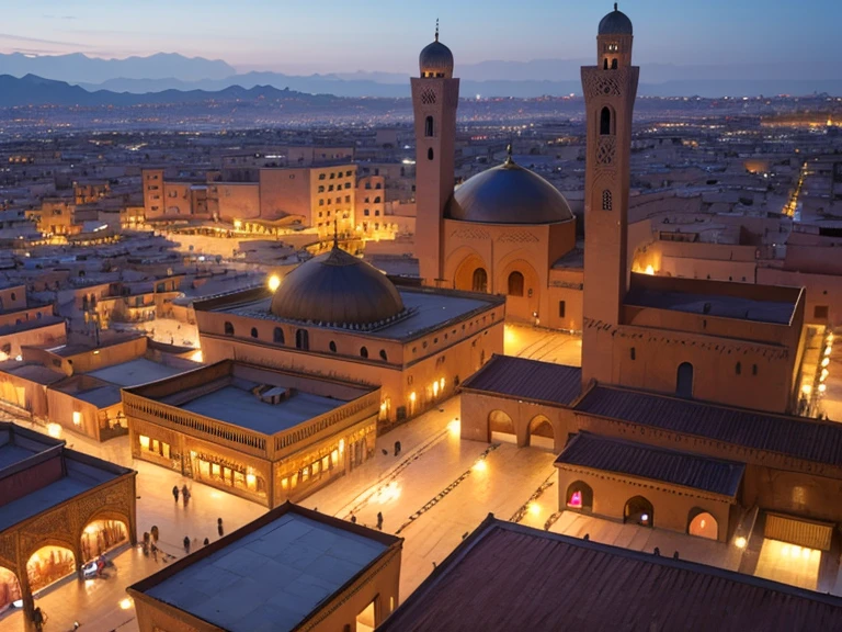 4k resolution picture, ultra realistic picture, Marrakech city, a huge mosque with dome on top, night time, entire market area in top views, shops everywhere, Moroccan architectures, top views