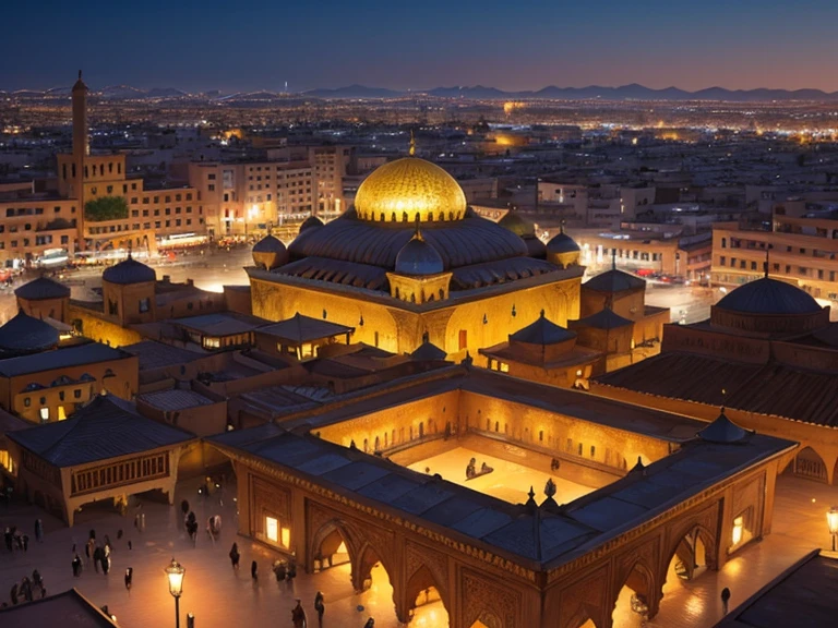 4k resolution picture, ultra realistic picture, Marrakech city, a huge mosque with dome on top, night time, entire market area in top views, shops everywhere, Moroccan architectures, top views