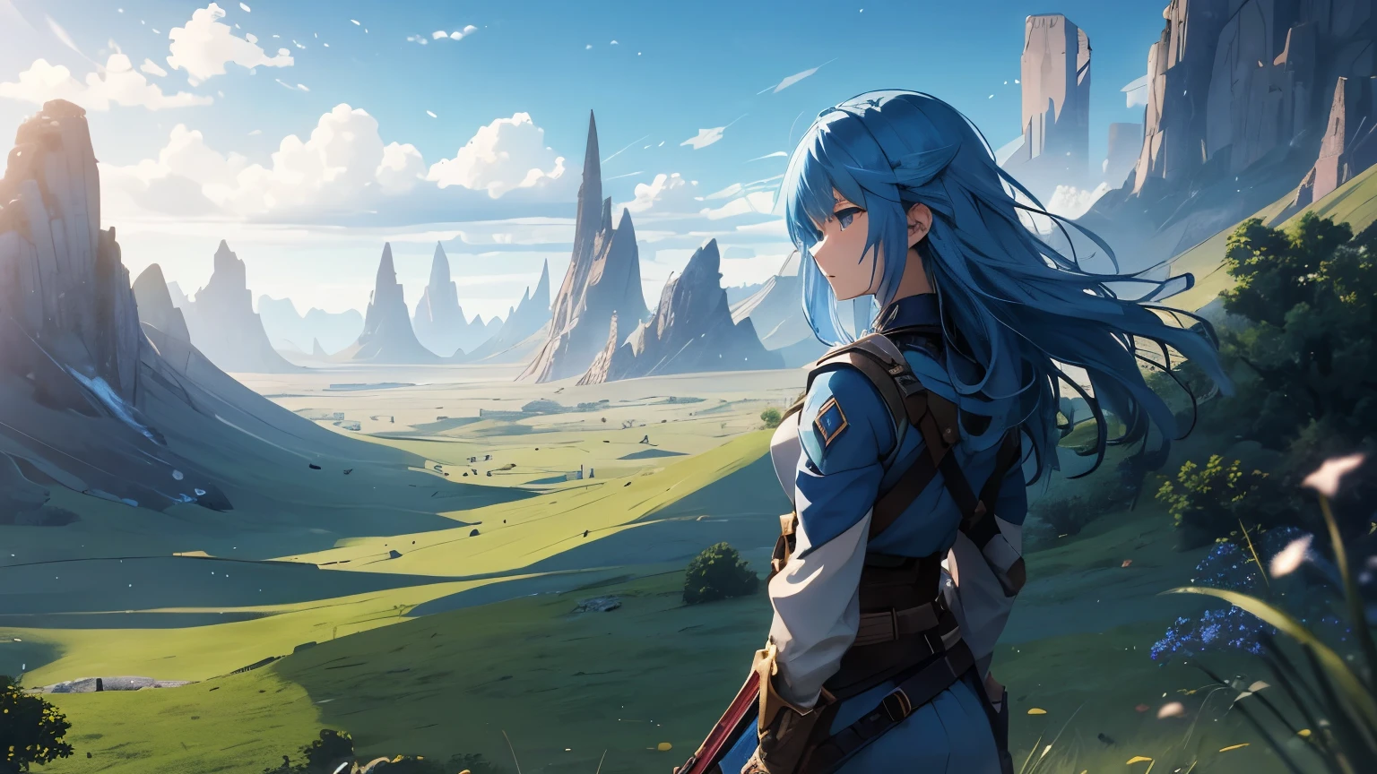 a blue hair standing on battlefield while she saw the peaceful fantasy world that she dream about in the background,