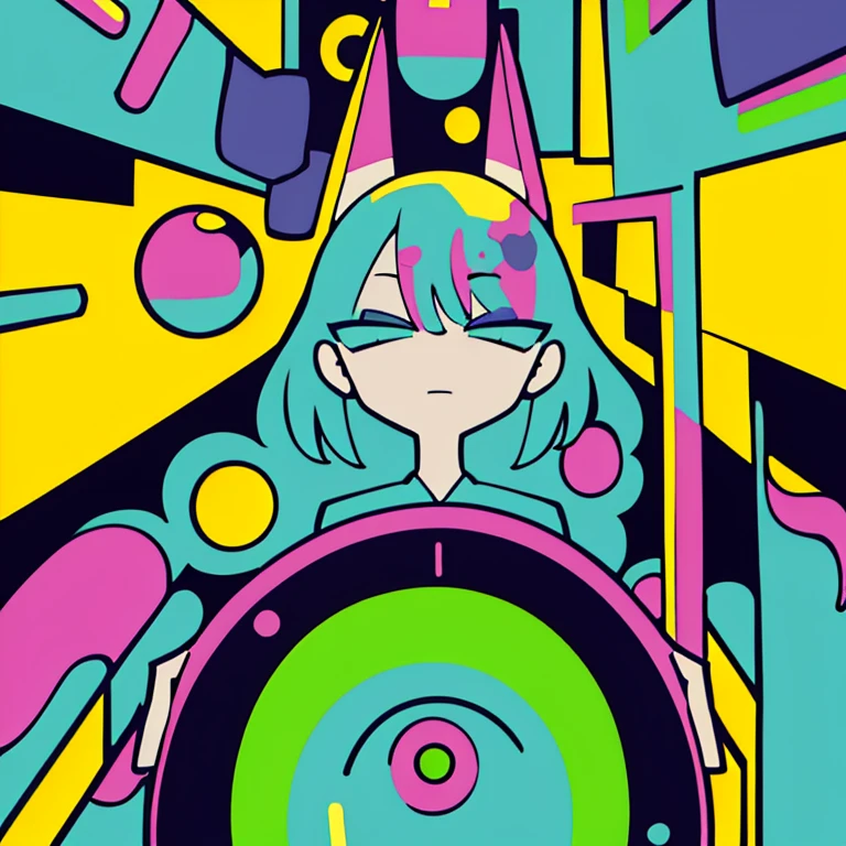 (Super detailed,Ultra-high resolution,Detailed Background),((2D)),((Flat Color)),((colorful)),(((Floating colorful Water))),2. Bullet,1 girl,alone,Watch Viewer,break