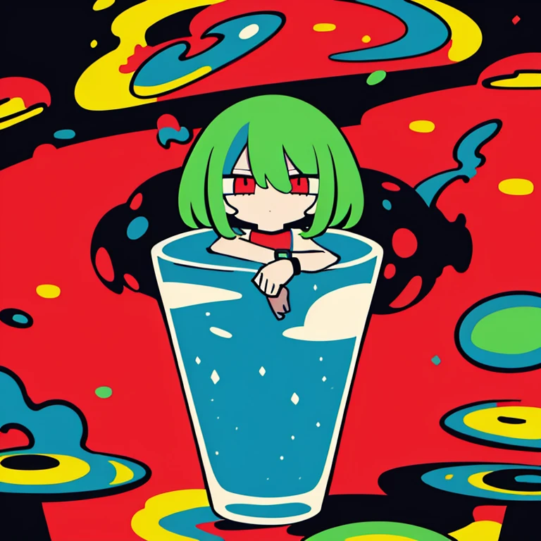 (Super detailed,Ultra-high resolution,Detailed Background),((2D)),((Flat Color)),((colorful)),(((Floating colorful Water))),2. Bullet,1 girl,alone,Watch Viewer,break