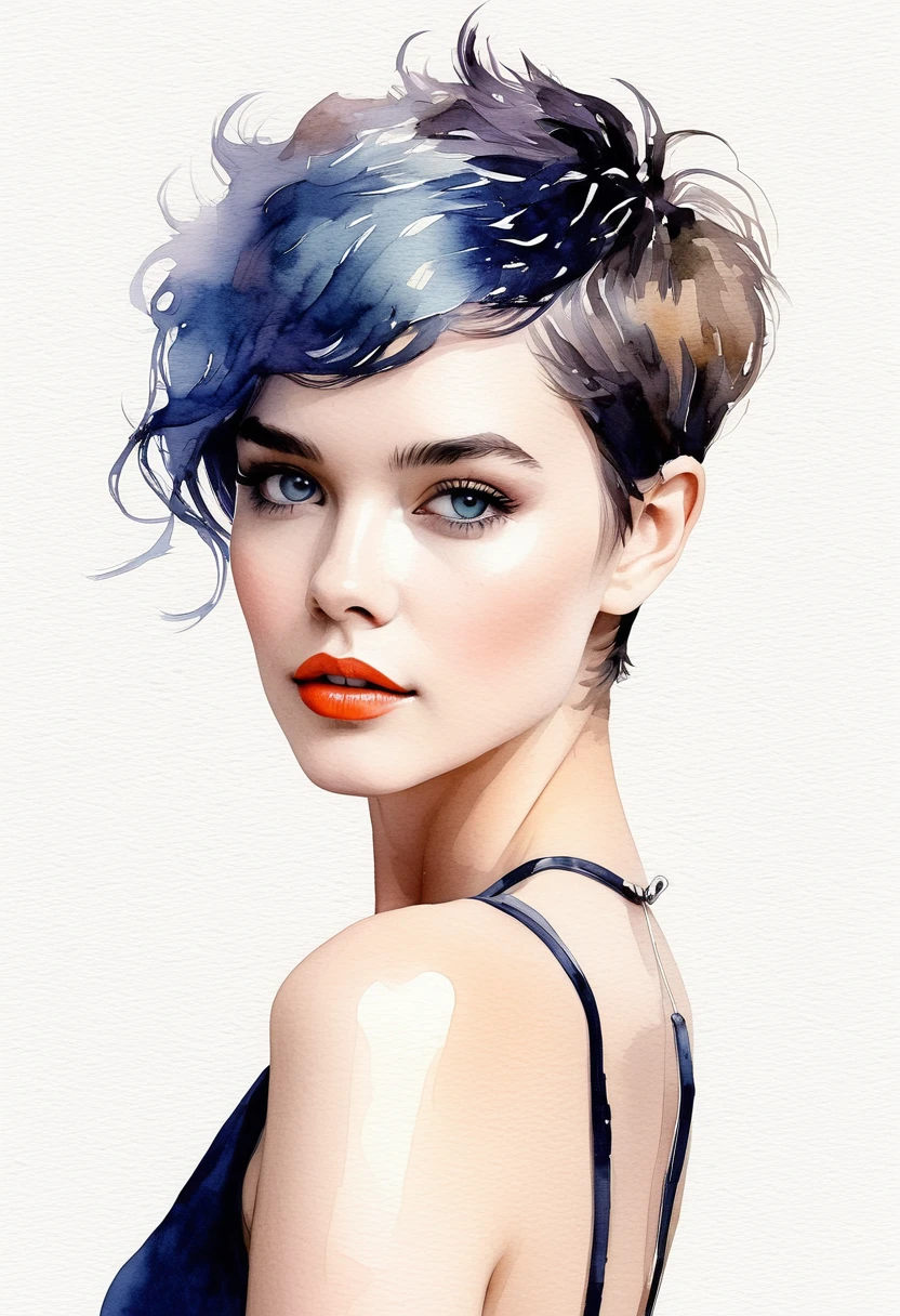chica de pelo corto pixie arte moderno, minimalismo, contemporary elegance, dreamcore, moda elegante , fusion of watercolor and digital illustration, colores limpios, minimalistas y vibrantes
