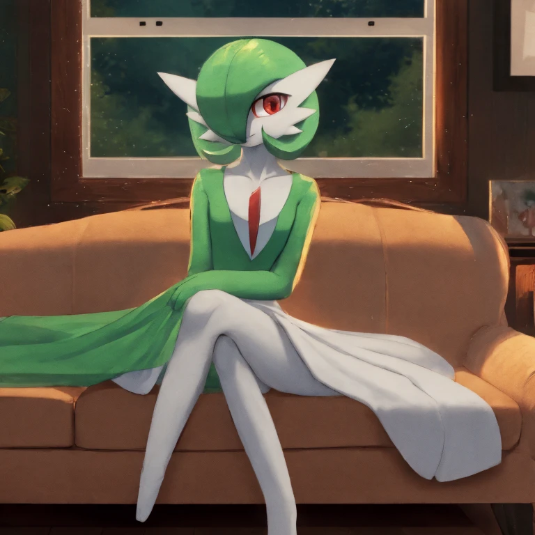 best quality, Gardevoir, pokemon, 1girl, solo, short height, red eyes, green hair, small smile, small mouth, wink, slim, cute, slender body, skinny legs, looking at viewer, blurry background, indoors, in house, full body, slim, ((masterpiece)), best quality, 4k, cinematic lighting, ray tracing, reflected light, panorama, flat chest, high detailed illustration, high detailed background, hi-res, white gardevoir dress, green top, bare legs, bare feet, small feet, sitting on couch, legs together