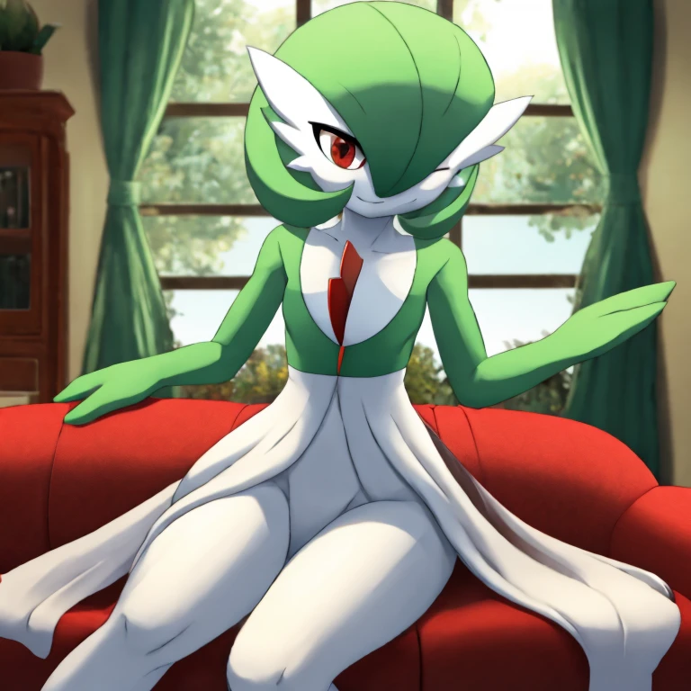 best quality, Gardevoir, pokemon, 1girl, solo, short height, red eyes, green hair, small smile, small mouth, wink, slim, cute, slender body, skinny legs, looking at viewer, blurry background, indoors, in house, full body, slim, ((masterpiece)), best quality, 4k, cinematic lighting, ray tracing, reflected light, panorama, flat chest, high detailed illustration, high detailed background, hi-res, white gardevoir dress, green top, bare legs, bare feet, small feet, sitting on couch, legs together