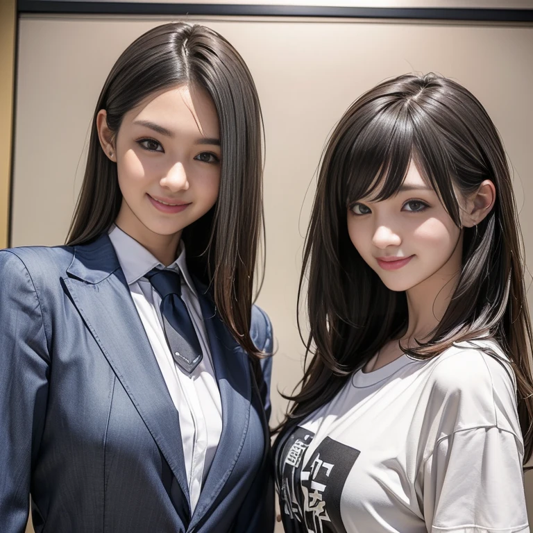 (Two Girls、Portrait、photograph:1.2、comedian、smile、conversation、Stand microphone、Two Girlsがまったく異なる服装をしている:1.4)、(One girl is wearing a white shirt, gray suit and tie.:1.37)、(The other girl is wearing jeans、T-shirts、Wearing a Japanese suka jacket:1.37)、(They&#39;re both on a small stage.)