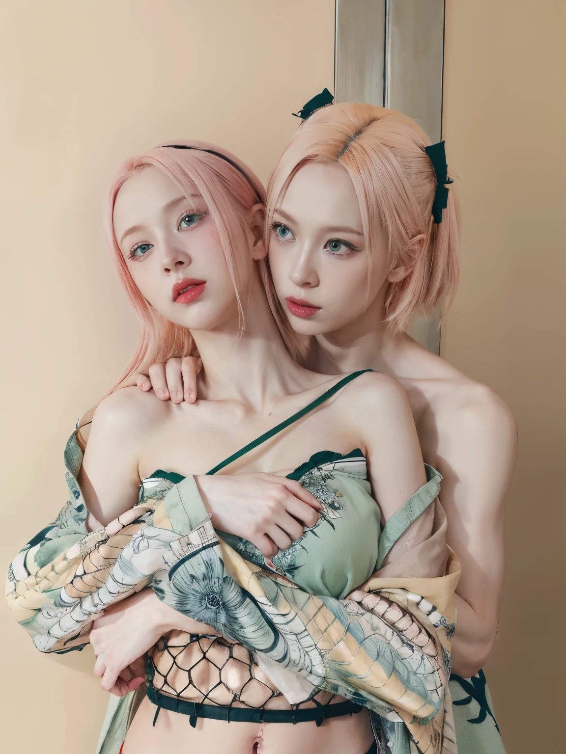 Raw foto, Photorealistic, s whole body, detailed background, Detailed face, Detailed Eyes, Detailed hair, All renders, super details, Anatomically accurate., high detailed, High Quality, Best Quality, high resolution, 8K, Masterpiece,White shirt,On the bed, cute girl short pink hair, with two bows on each side of the hair, all her hair short pink , with a star clip in her pink hair, light colored eyes, pretty eyes, crying eyes, pretty, upturned nose, watery nose, Pretty lips, pink lips, heart and cupid shaped lip, pretty skin, pale, White skin, with moles and freckles all over his face, soft pink blush on the cheeks, natural pink blush, soft pink makeup, Jennie, nice neck, marked collar, frown, tender look, with a kiss necklace, a pretty kiss necklace, similar to Yumeko Jabami, while wearing a Crochet YK2, woolen, with a YK2 style brown mini skirt, , while having a bare abdomen, Delgado, marked and pretty, (big breasts, soft breasts, nice breasts), while she is cosplaying the character Yumeko Jabami, The anime Kakegurui, looking to the camera, autophoto, beautiful selfie