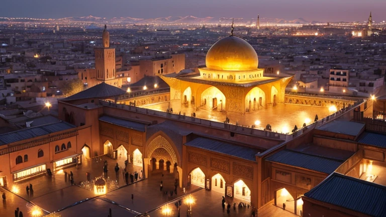 4k resolution picture, ultra realistic picture, Marrakech city, a huge mosque with dome on top, night time, entire market area in top views, shops everywhere, Moroccan architectures, top views