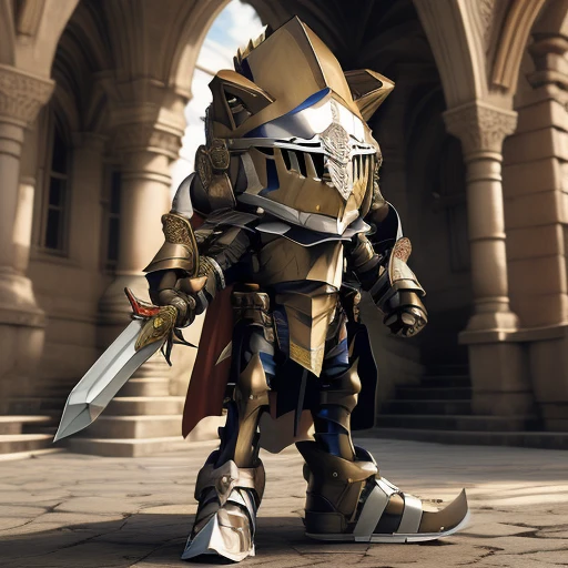  High quality, nonblurry, Ultra HD, HDR, 8K, solo, (fully clothed, masterpiece, photorealistic, good shading, studio quality), (Excalibur Sonic, golden armor, helmet, holding sword, red cape, upturned and pointy shoes), best_quality, perfect quality, cinematic lighting, highest quality, intricate details, Body length: 200cm