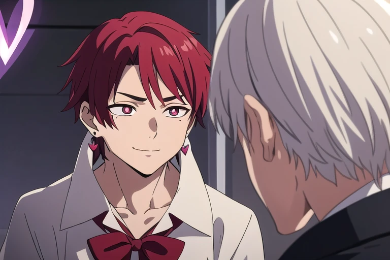 Male, streaked hair, white hair, red hair, hair bow, mole under eye, heart-shaped pupils, crazy eyes, furrowed brow, empty eyes, crystal earrings, light smile