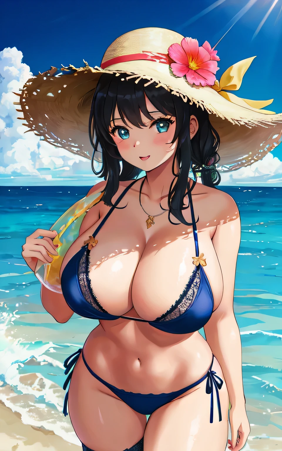 A 6 year old girl with huge breasts, wearing a lacy bikini swimming costume, on the beach, holding a man's penis in her hand, wearing a swim ring