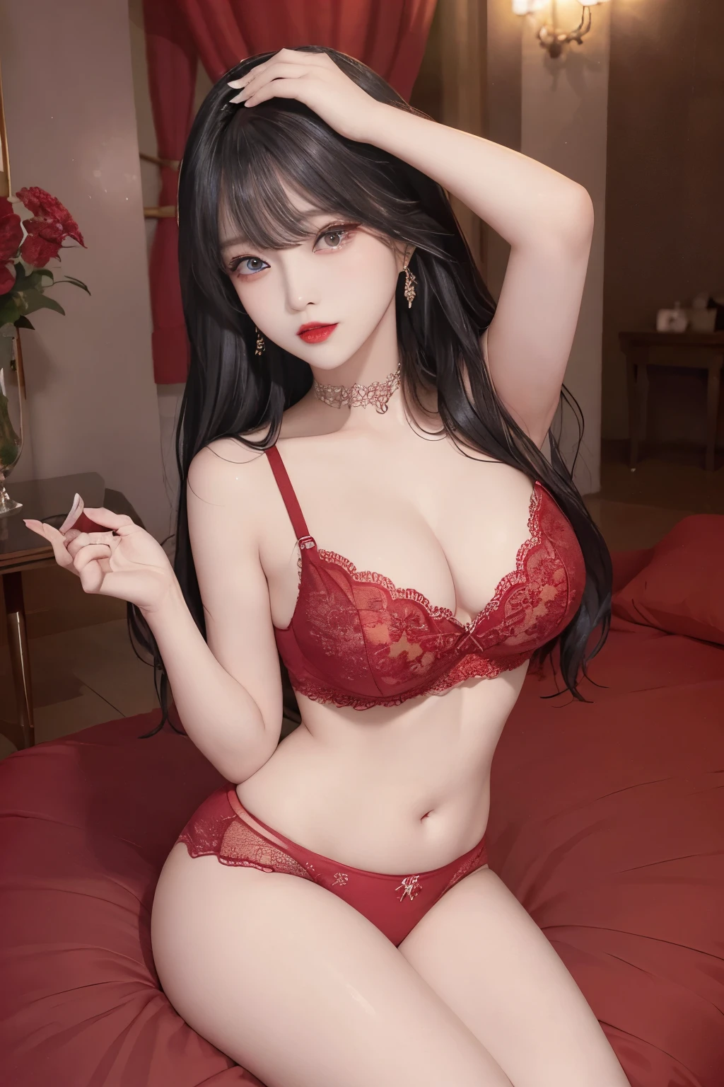 Top image quality、Raw photography、A high resolution、20-year-old cool Korean、big round chest、sexy red lace underwear、Beautiful Eyes of Details、very elongated eyes、Beautiful eyelashes、Beautiful double eyelids、eyeshadows、long legs,medium thighs, beautiful eyes finely detailed、elongated eyes、long eyeslashes、Beautiful double eyelids、eyeshadows、earrings、shiny skin、 1 girl, solo, sexy pose,