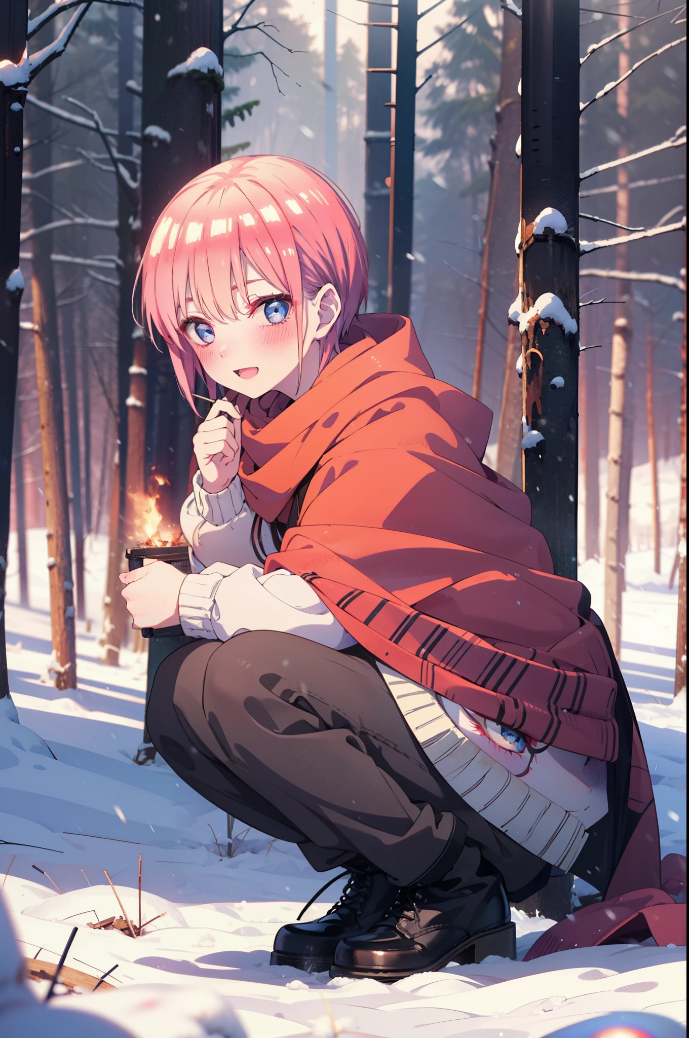 ichikanakano, ichika nakano, short hair, bangs, blue eyes, Hair between the eyes, smile,Pink Hair,smile,blush,White Breath,
Open your mouth,snow,Ground bonfire, Outdoor, boots, snowing, From the side, wood, suitcase, Cape, Blurred, Increase your meals, forest, White handbag, nature, Squat, Mouth closed, フードed Cape, winter, Written boundary depth, Black shoes, red Cape break looking at viewer, Upper Body, whole body, break Outdoor, forest, nature, break (masterpiece:1.2), highest quality, High resolution, unity 8k wallpaper, (shape:0.8), (Beautiful and beautiful eyes:1.6), Highly detailed face, Perfect lighting, Highly detailed CG, (Perfect hands, Perfect ???????),