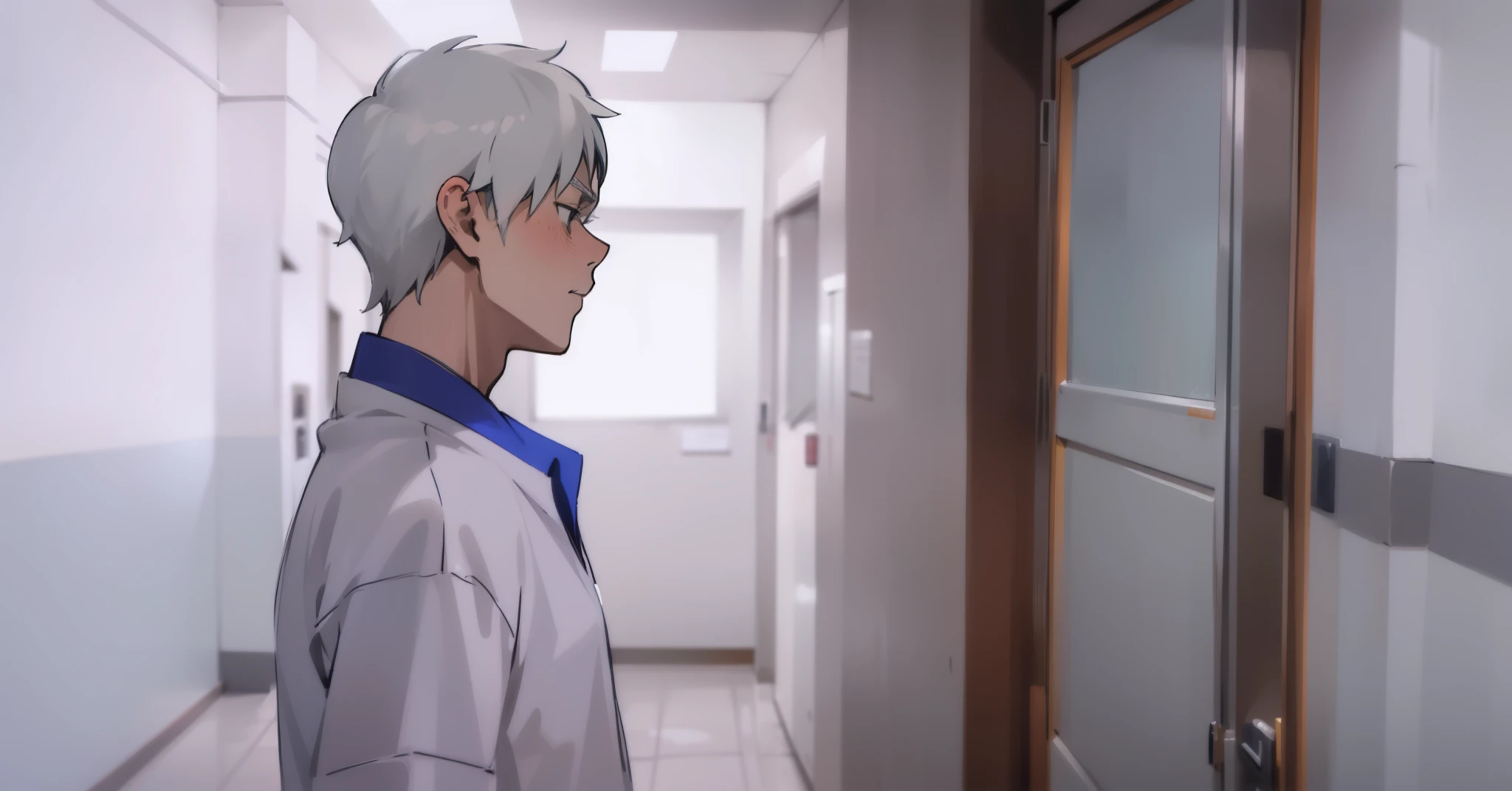 estilo comic anime 2d, 17-year-old gray-haired boy standing in a high school hallway in front of a classroom door is doubtful.