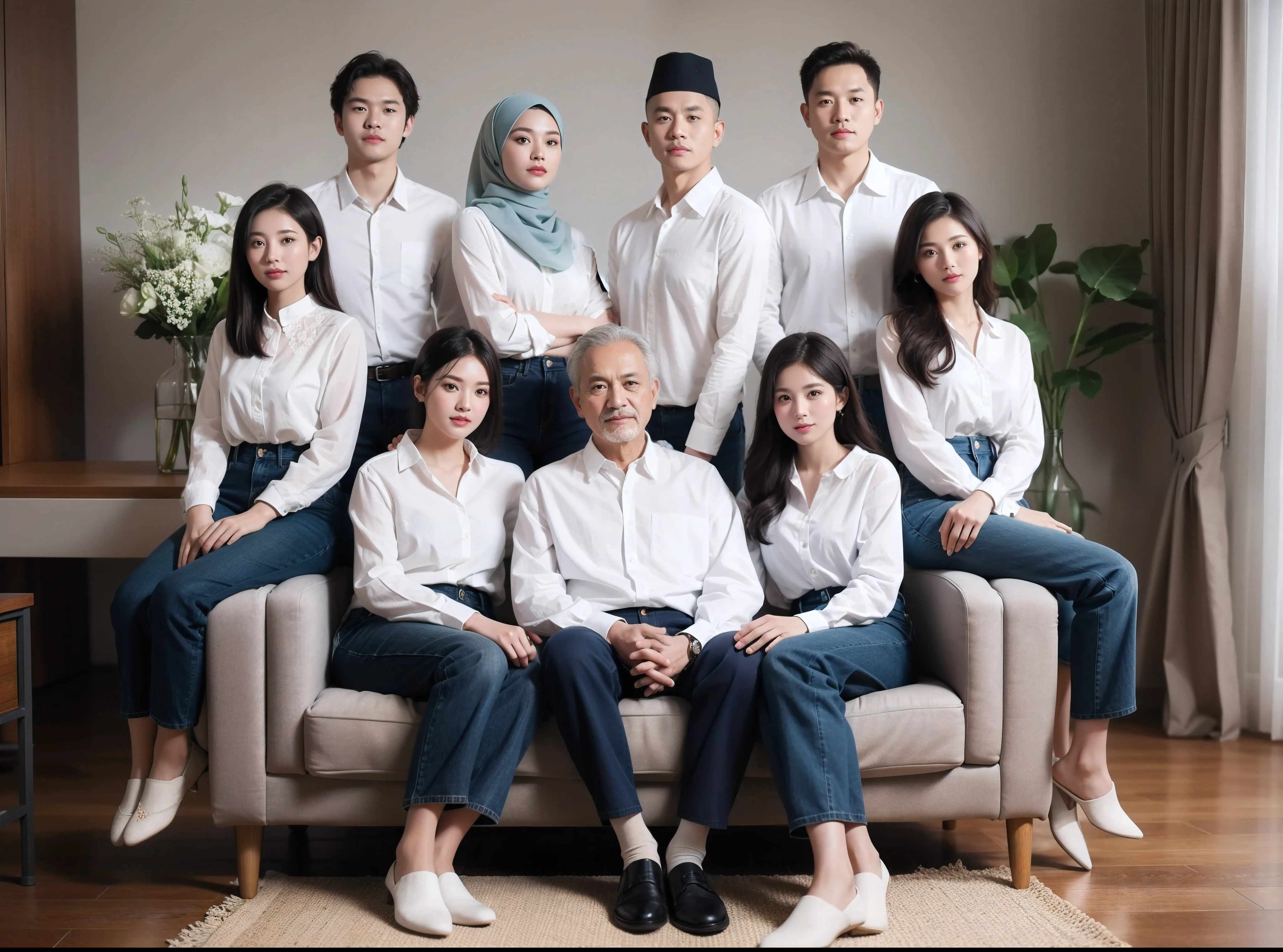 family photo in Indonesia, nine members, father aged 60, mother (hair in a bun) aged 61, sitting with a 30-year-old woman, three women and three men standing behind the sofa, all wearing coordinated white formal shirts and navy blue jeans, hijab, photo taken in a studio, professional pose, all look to the camera, bright living room background, green flower vase, UHD, 32k
