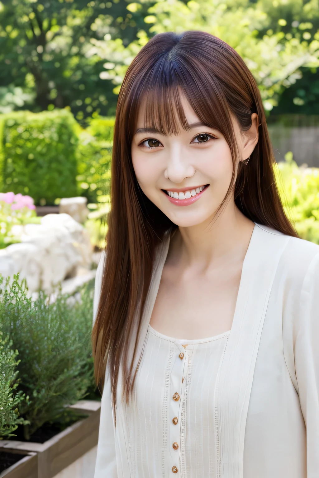 Minami Hamabe,(highest quality,16k,High resolution:1.2),Dark brown medium hair,Girls in their 20s,Very detailed,One Girl,A beautiful 26 year old woman,(Minami Hamabe:1.3),(smile),garden