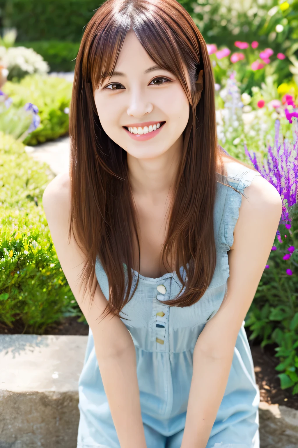 Minami Hamabe,(highest quality,16k,High resolution:1.2),Dark brown medium hair,Girls in their 20s,Very detailed,One Girl,A beautiful 26 year old woman,(Minami Hamabe:1.3),(smile),garden