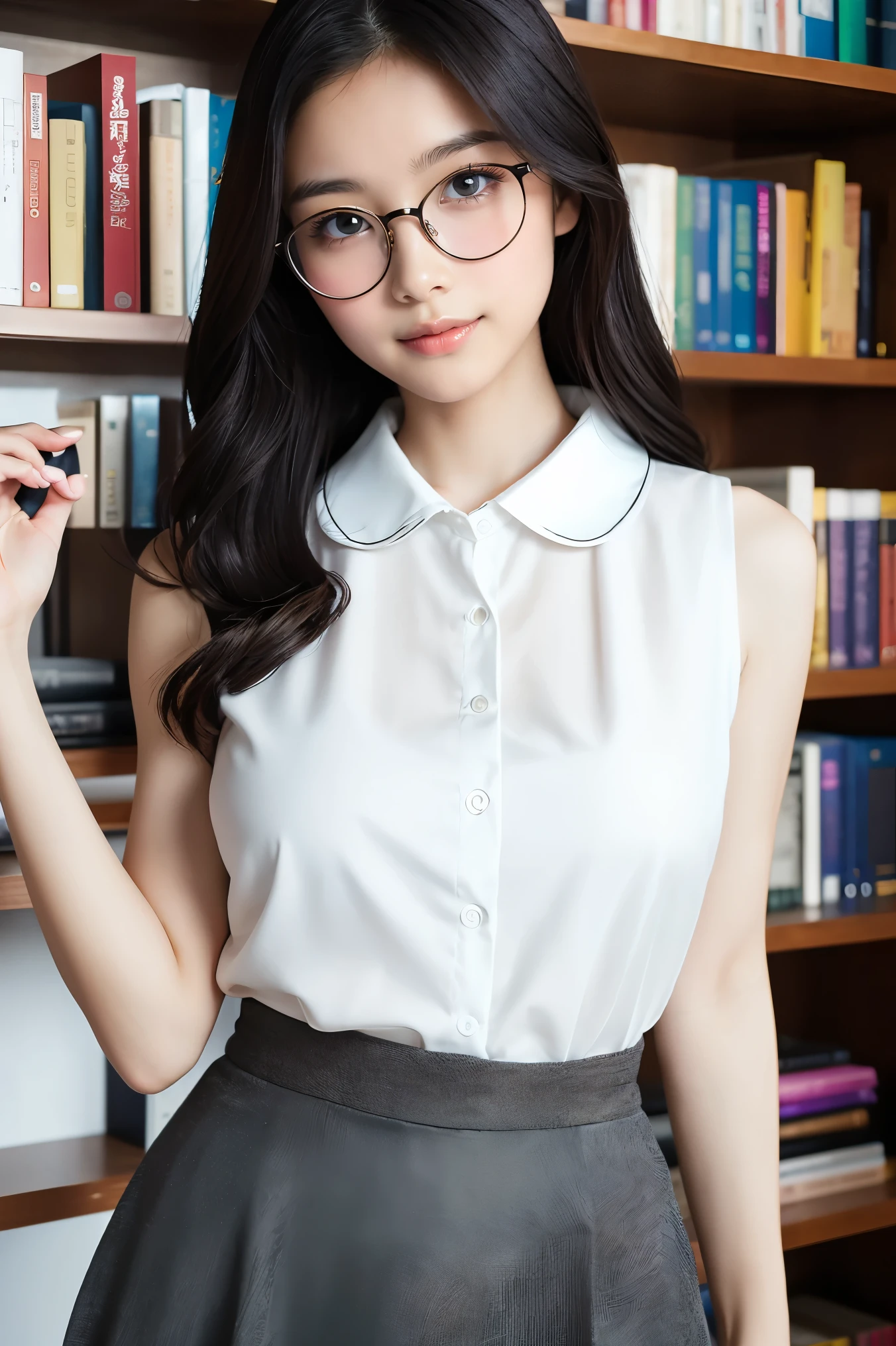(highest quality、Tabletop、8k、Award-winning works、Ultra-high resolution、Best image quality)、One beautiful woman、(White polyester sleeveless、Blouse with buttoned collar:1.3)、(Elegant black tight skirt:1.1)、(Huge breasts:1.2)、(Elegant round glasses:1.2)、library、(Standing Elegantly:1.1)、(Strongly blurred background:1.1)、Stand next to a bookshelf、(Perfectly organized bookshelf:1.1)、Bookshelf in the background、居心地の良いlibrary、lipstick、Long eyelashes、Heavy makeup、Perfect Makeup、Colored contact lenses、Accentuate your body lines、Big ample breasts、Soft and warm lighting、Detailed bookshelf、(Ultra-high resolutionの正確な美しい髪:1.1)、(Accurate anatomy:1.2)、Ultra-high definition beautiful eyes、(Super bright and radiant skin:1.1)、Look at me with a smile