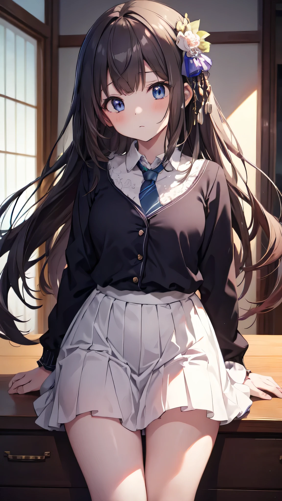 Very detailed、(8k, RAW Photos, highest quality, masterpiece:1.2), (Very detailed 8k wallpaper),shape、Professional Lighting,Sharp focus, Written boundary depth、
Browsing Caution、Clear Eyes、Perfect Anatomy、With a girl、、confusion, blazer, School,, Short skirt,Face close-up,hair ornaments、imminent kiss,Plump thighs、
