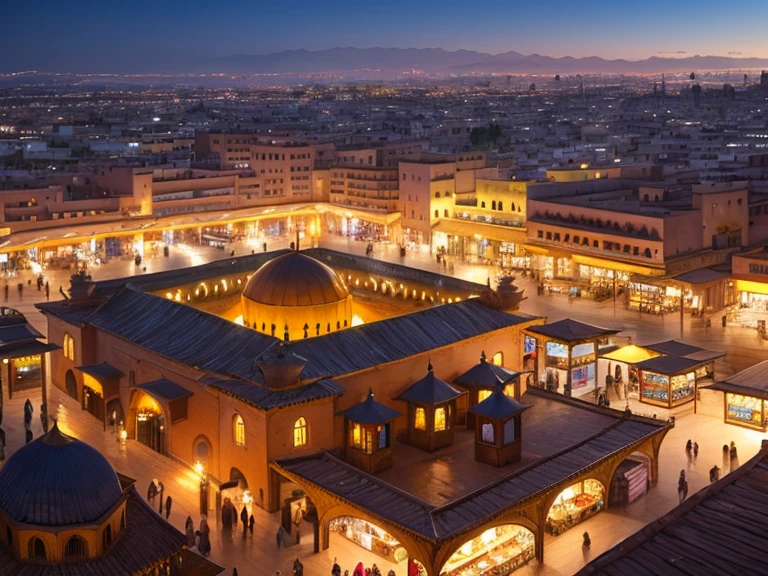 4k resolution picture, ultra realistic picture, Marrakech city, a huge mosque with dome on top, night time, entire market area views, shops everywhere, Moroccan architectures,