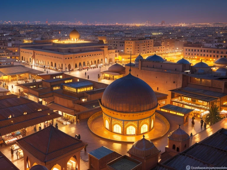 4k resolution picture, ultra realistic picture, Marrakech city, a huge mosque with dome on top, night time, entire market area views, shops everywhere, Moroccan architectures, 