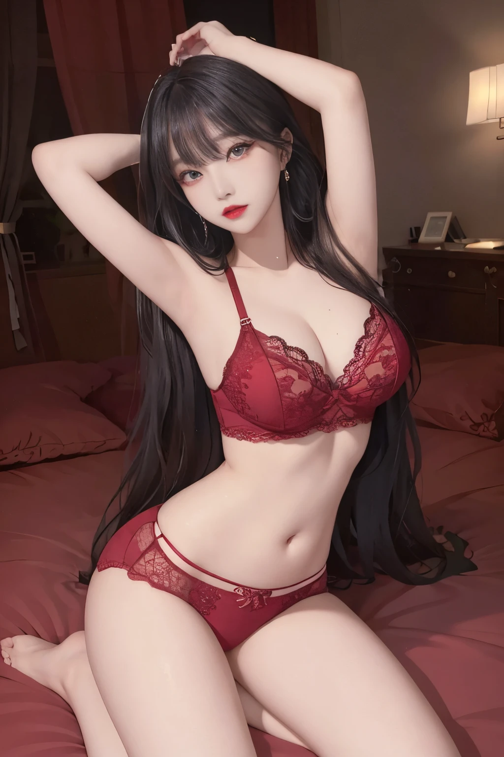 Top image quality、Raw photography、A high resolution、20-year-old cool Korean、big round chest、sexy red lace underwear、Beautiful Eyes of Details、very elongated eyes、Beautiful eyelashes、Beautiful double eyelids、eyeshadows、long legs,medium thighs, beautiful eyes finely detailed、elongated eyes、long eyeslashes、Beautiful double eyelids、eyeshadows、earrings、shiny skin、 1 girl, solo, sexy pose,