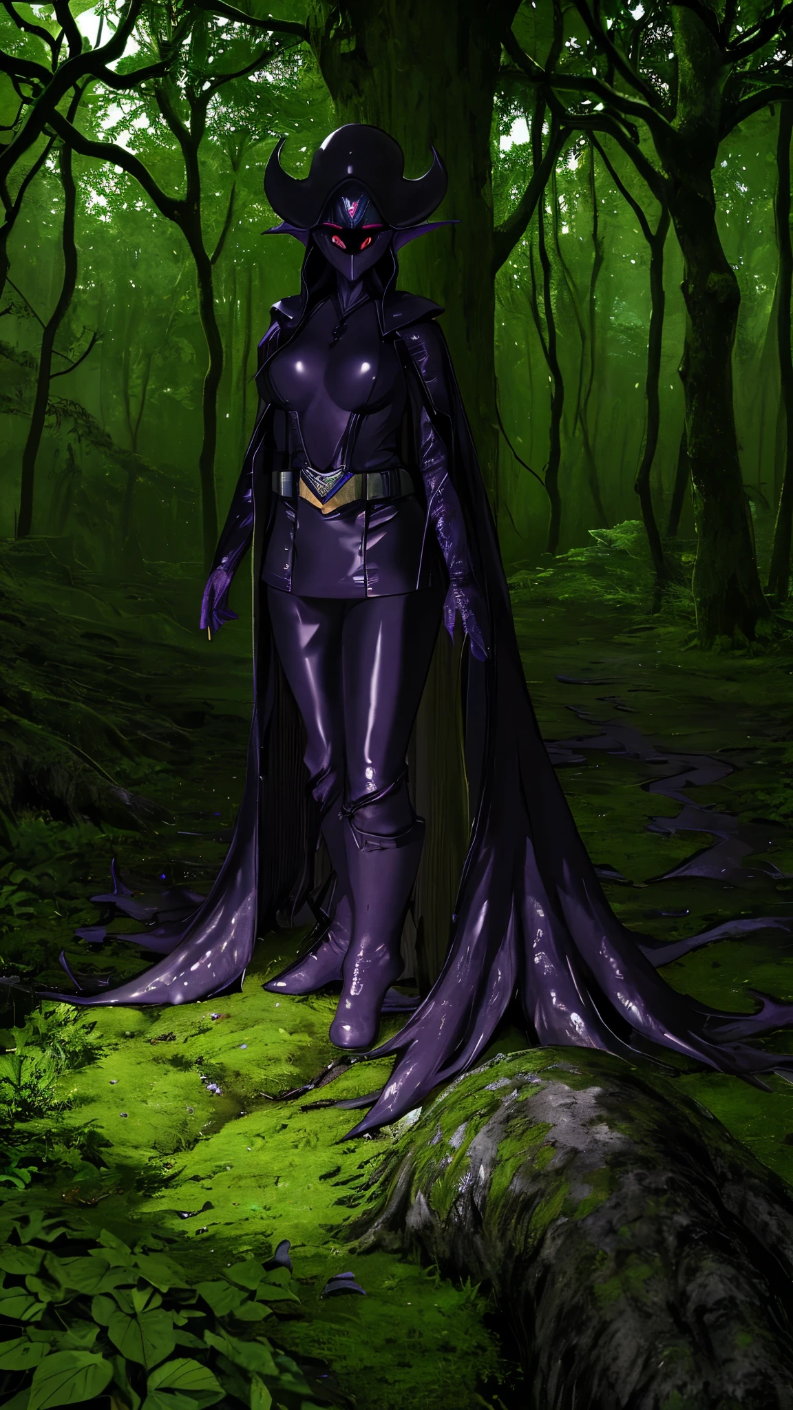 (best quality,highres:1.2),(realistic:1.37),ultra-detailed,a creepy toad,enormous in size,brightly colored,stalks through an ancient forest,tentacle tongue,thick and slimy skin,dark,ominous atmosphere,gloomy shadows,misty fog,gnarled trees,twisted branches,moss-covered rocks,dappled sunlight,unearthly glow,spooky ambiance,dense undergrowth,crunching leaves underfoot,haunting presence,unsettling silence,distant whispers,Cthulhu-like creature,mythical world,mysterious aura, Sentai Ranger, unnerving and seductive, HDR, 8k, absurdres, cinestill 800, sharp focus, add_detail:3 (solo woman) anime, wideshot, widescreen, focus on subject