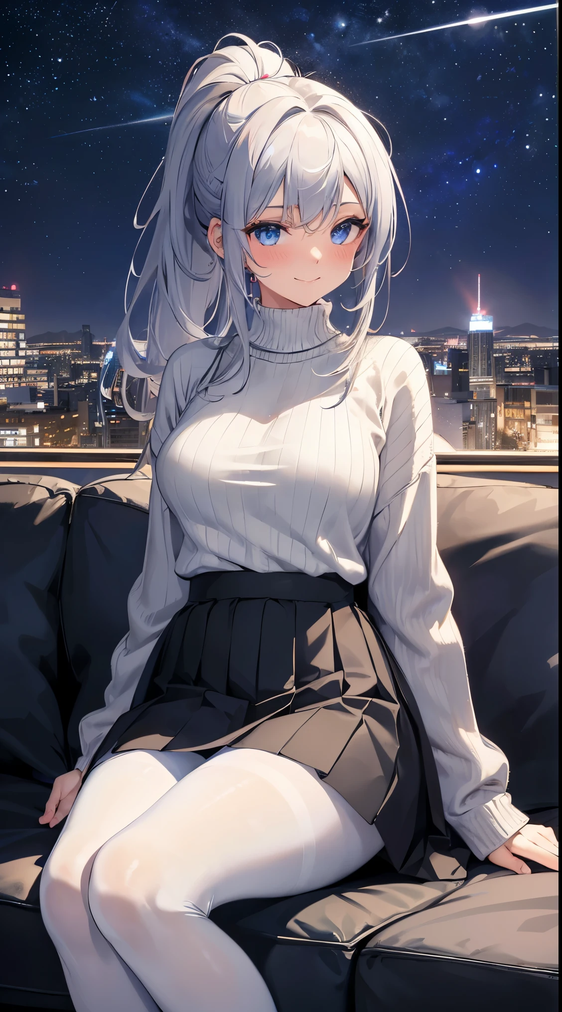 masterpiece, 4K,Retina, incredible_absurd, The original, night, Star, Milky Way, Beautiful and detailed sky, city View, Adult, Silver Hair, ponytail, faint blush, Deep blue eyes, White sweater, gray pleats_skirt, Black pantyhose, arms behind the body, Looking at the audience, Sitting on the sofa, Smile,